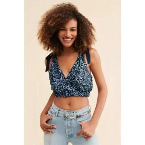 NEW Free People Intimately Big Night Sequin Crop Top BLUE Women's Small